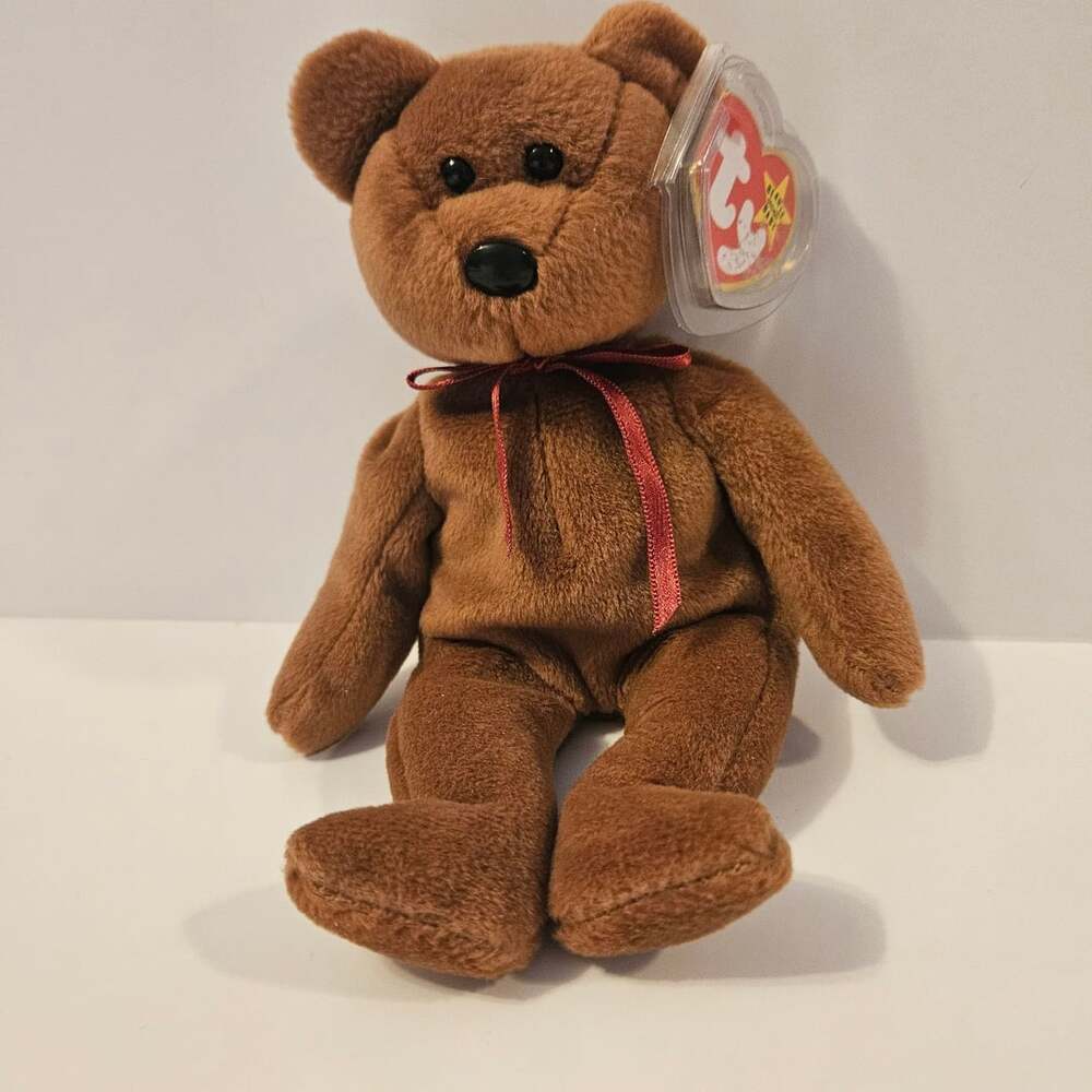 Ty Beanie Babies Teddy The Bear Brown Plush Stuffed Animal With Red Ribbon